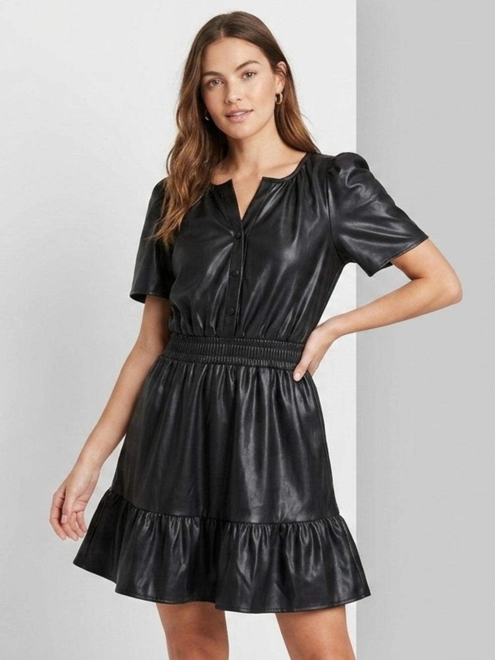 Meet me in Santorini Black Faux Leather Short Sleeve Ruffle-Hem Dress